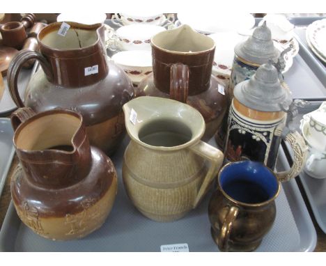 Tray of ceramics to include; two two tone stoneware Doulton Lambeth jugs with impressed designs, a similar stoneware advertis