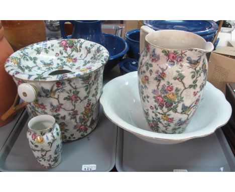 Jug and basin set with pail (chamber pot) with basket ware handle and a small vase. (4)(B.P. 21% + VAT) 