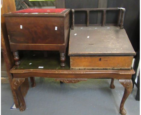 Early 20th century stained pine table top clerks/school desk, together with a 19th century mahogany commode stool, together w