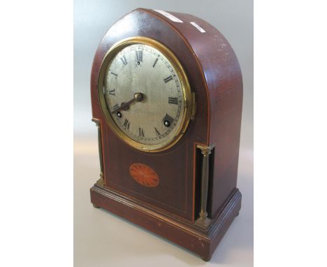Edwardian inlaid mahogany lancet shaped two train mantle clock.  32cm high approx.  (B.P. 21% + VAT) 