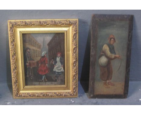 British School (19/early 20th  century), London street scene, girls dancing to a hurdy gurdy man.  Oils on panel.  15x12cm ap