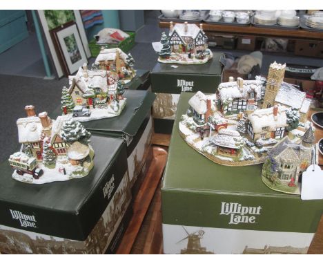 Three trays of Lilliput Lane boxed items, mostly Christmas cottages to include; 'Christmas Eve', 'Christmas Shopping', 'Lette