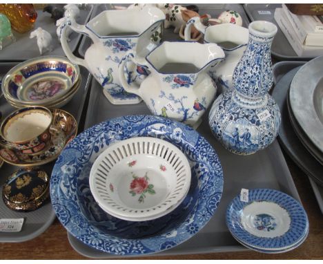 Tray of china to include; three graduated Wood & Sons English china 'Oriental Birds' design dresser jugs, blue and white vase