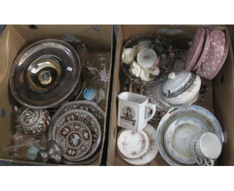 Two boxes of assorted items to include; Copeland Spode 'Greek' design plates and lidded pot, glass vase and candlestick, Engl