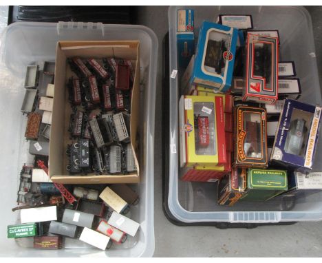 Two boxes of trains and rolling stock, some in original boxes to include; Airfix railway system, Oxford rail, loose wagons, L