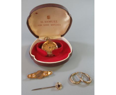 Small 14ct gold outer cased fancy keyless fob watch, a pearl and stone set stick pin, a 9ct gold framed 'Mizpah' brooch and a