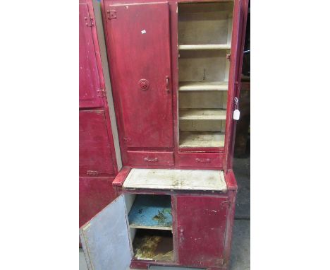 Vintage painted wooden larder cupboard with four cupboards, two drawers and pull out enamel shelf. 76cm wide approx.(B.P. 21%