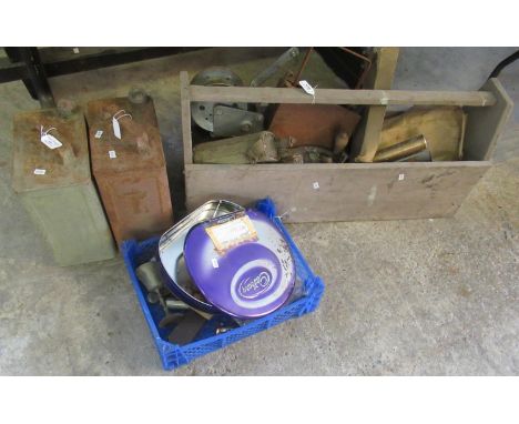Two vintage petrol cans with brass caps, marked 'Wimpy', a wooden carrying box of assorted tools, a tray of oddments etc. (B.