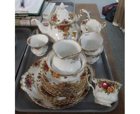 Tray of Royal Albert English fine bone china 'Old Country Roses' design items to include; teapot, napkin rings, teacups, milk