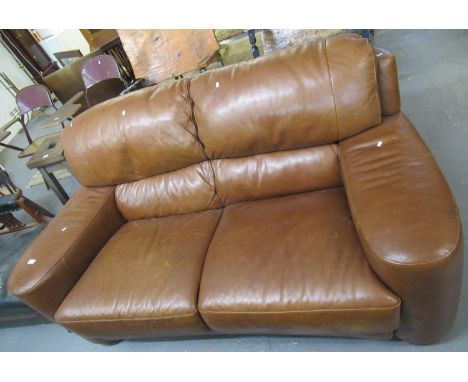 Tan leather modern upholstered two seater sofa. (B.P. 21% + VAT) 