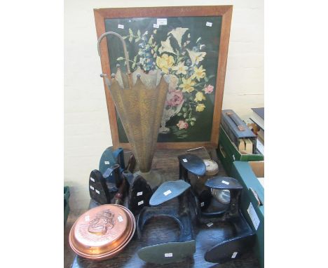 Assorted items to include: three flat irons, three shoe lasts, umbrella stand, firescreen, hand torch, bed warmer etc.(B.P. 2