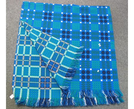 Vintage Welsh woollen tapestry blue ground blanket with fringed edges and 'Made in Wales, a Derw product' label. (B.P. 21% + 