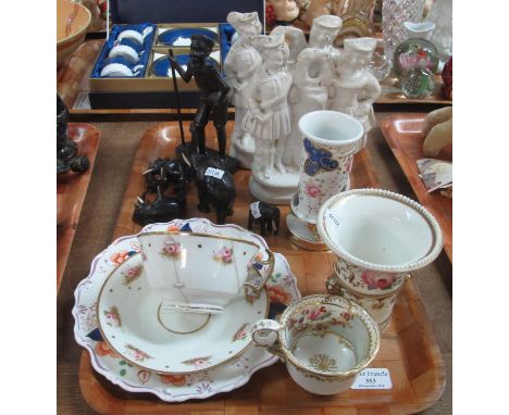 Tray of assorted items: 19th Century Swansea cup and saucer (repaired), Gaudy Welsh plate, pair of Staffordshire flatback fig