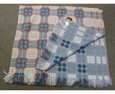 Vintage Welsh woollen tapestry pale blue ground blanket with fringed edges and 'Made in Wales, a Derw product' label. (B.P. 2