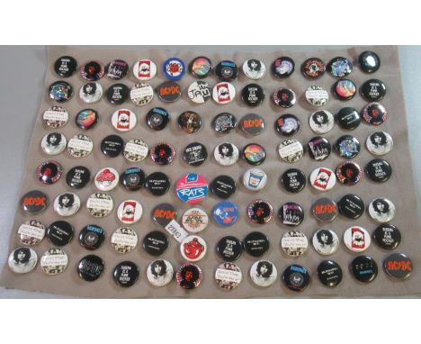 Collection of punk and rock badges to include; The Jam, Blondie, Jimi Hendrix, Pink Floyd, Rolling Stones, AC/DC etc. (B.P. 2