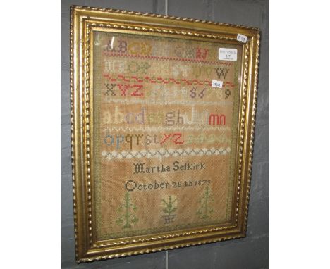 19th Century tapestry sampler by Martha Selkirk dated October 1879. 35 x 26cm approx. Framed. (B.P. 21% + VAT)