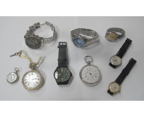 A Silver Cased Decimal Chronograph, silver cased fob watch, Robin Hood lever pocket watch, wristwatches. (9)