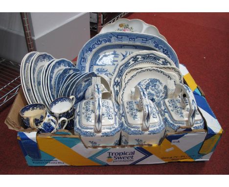 A Large Blue and White Willow Pattern Meat Plate, three Mason's 'Manchu' pattern teapots, Spode 'Italian' tea plates and a Ro
