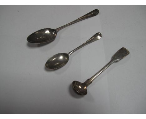 A Small Hallmarked Silver Fiddle and Shell Pattern Ladle; together with a teaspoon, initialled "EB" and another spoon (marks 