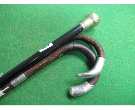 Two Silver Tipped Walking Canes, plus a waking stick with silver plated mount. (3)