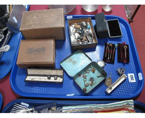 Turquoise and Pearl Set Stickpins, stickpin case, vintage Harrods cardboard boxes, boot buttons in case (incomplete), compass