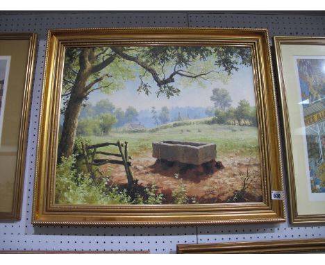 Rex Preston, Country Field with Stone Trough and Gate in Foreground, 43.5 x 54cm, signed and dated '74.