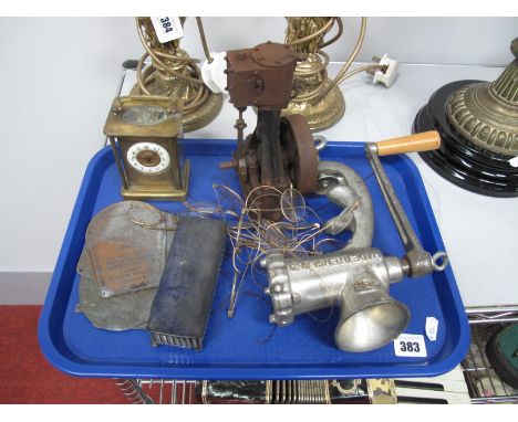 A Brass Cased Carriage Clock, spectacles, trinket box, plaques, mincer, etc:- One Tray