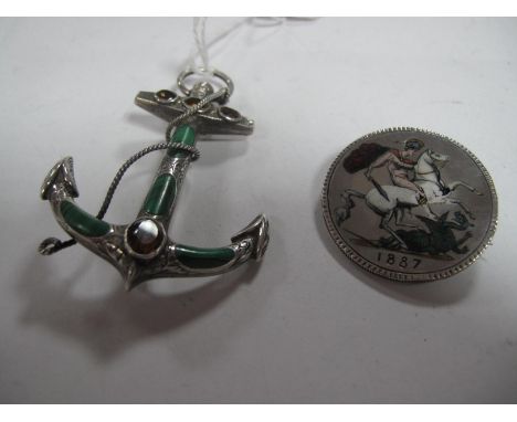 A Victorian Malachite Inset Anchor Brooch, with inset oval highlights and applied open twist detail; together with an 1887 en
