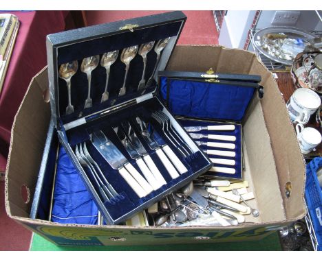 A Mixed Lot of Assorted Plated Cutlery, including cased fish serving sets, cased tea knives, fiddle pattern ladle, sugar tong