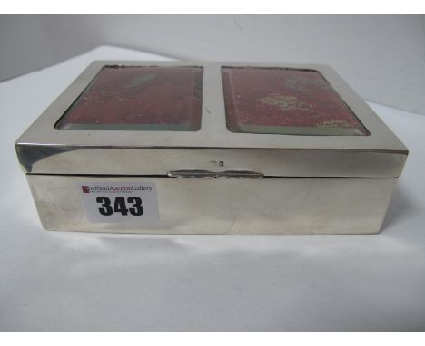 A Hallmarked Silver Playing Card Box, of plain rectangular form with twin glazed apertures to the hinged lid, 14.9cm wide.