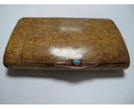 A Rectangular Wooden Snuff Box, the applied thumb piece indistinctly stamped, set with oval cabochon (lacking strike strip), 