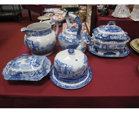 A Copeland Italian Spode Black Stamp Large Kettle, jug, two tureens and cheese dish with cover.