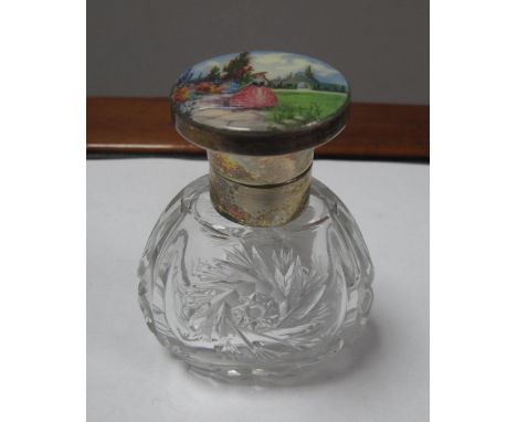 A Decorative Enamel Topped Dressing Table Scent Bottle, of crinoline lady style highlighted in multiple colours, overall heig