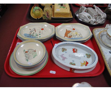 Joan Shorter Kiddies Ware for Wilkinson Ltd, six hexagonal plates, side plates and seven saucers decorated with animals, gnom