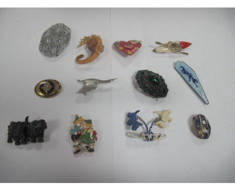 Vintage Costume Brooches, including heart enclosing picture of Shirley Temple, dogs, etc.