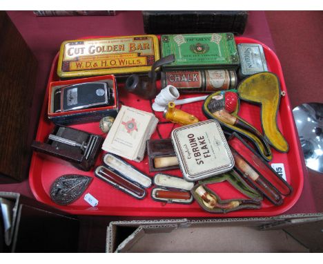 The Grey's, Cut Golden Bar, French chalk tin, Kensitas silks, valet razor, Monterey No. 5 train pipe, Meerschaum, amber, othe