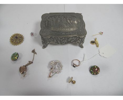 A 9ct Gold Bar Brooch, costume brooches, heart shape locket pendant, a 9ct gold ring mount (stone missing), etc, contained in