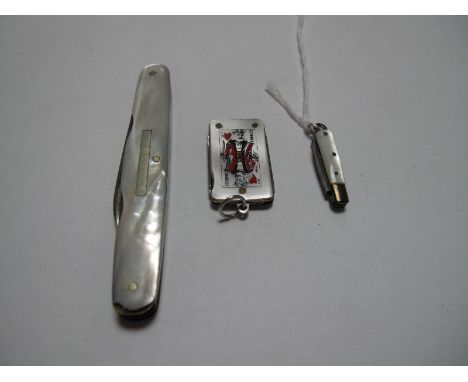 A Multi Blade Folding Pocket Knife, with mother of pearl scales; together with a novelty folding knife, detailed as a playing