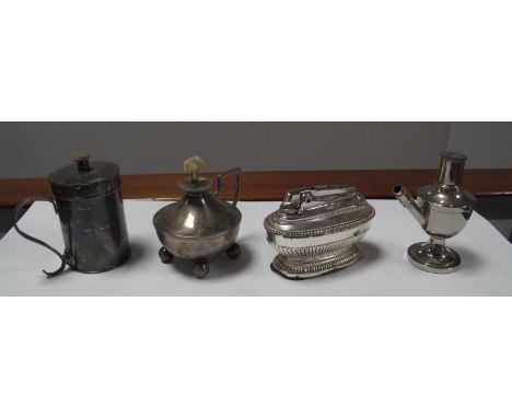 A Hallmarked Silver Burner / Lamp, with angular loop handle, raised on four ball feet, together with a Ronson lighter, etc .(