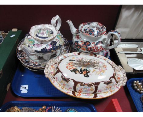 Two Ashworth Teapots, Mason's plates, oval tureen etc:- One Tray