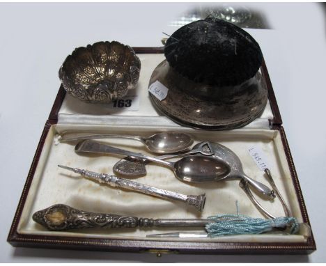 A Hallmarked Silver Mounted Pin Cushion/Trinket Box, two hallmarked silver teaspoons, a hallmarked silver sliding pencil, but