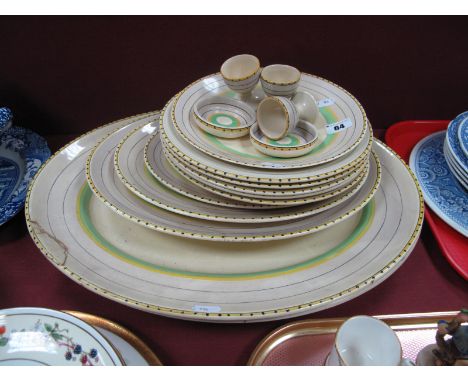 Clarice Cliff for Wilkinson Ltd Four Graduated Oval Meat Plates, five soup bowls, plate, three egg cups, two pin dishes all w