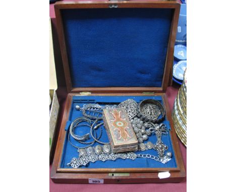 A Middle Eastern Style Belt Buckle, of pierced design, a turquoise inset buckle stamped "800", pierced panel bracelets, hinge