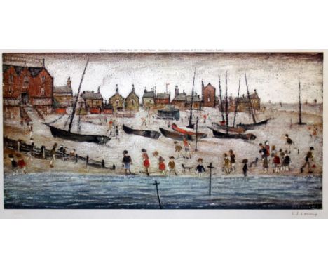 Laurence Stephen Lowry (1887-1976), "The Beach", limited edition colour print, 50.5cm x 26cm, signed in pencil, framed and gl
