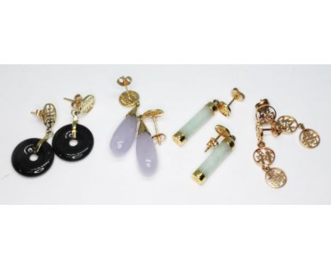 Three pairs of jade earrings, marked '14K', and a similar pair unmarked, gross wt. 14.6g.  