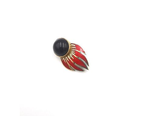 A 9ct yellow gold and enamel British army bomb disposal ammunition pin brooch with red enamelling and a black stone cabochon.