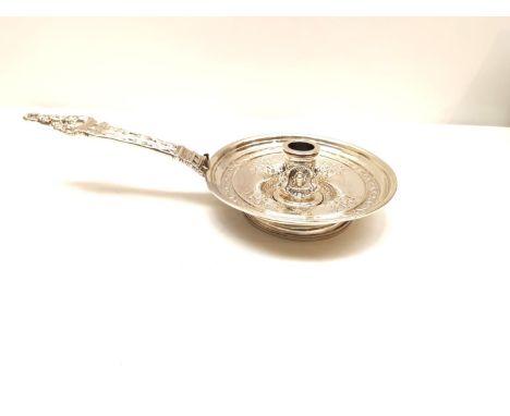 An early Victorian silver Renaissance design chamberstick by Charles Thomas Fox &amp; George Fox. The candlestick surround wi