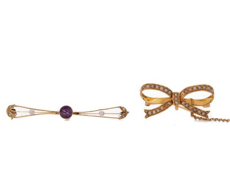 AMETHYST AND PEARL BAR BROOCH,in fifteen carat gold, 2.5g, along with a seed pearl set brooch modelled as a tied bow, 3.9g