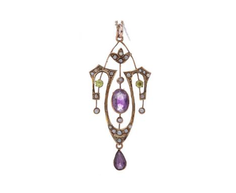 EDWARDIAN AMETHYST, PERIDOT AND SEED PEARL HOLBEIN ,of Suffragette colouring, 50mm high, marked 9CT, on a gold plated chainCo