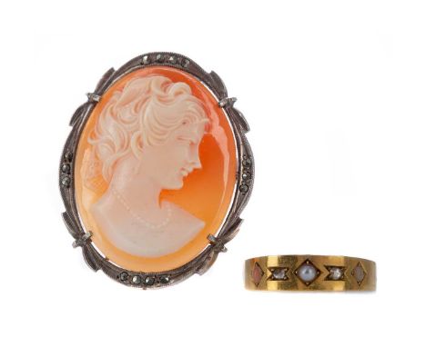 VICTORIAN DIAMOND, CORAL AND PEARL RING,with personal inscription dated 25/12/11, marked 18, size M 1/2, along with a contine
